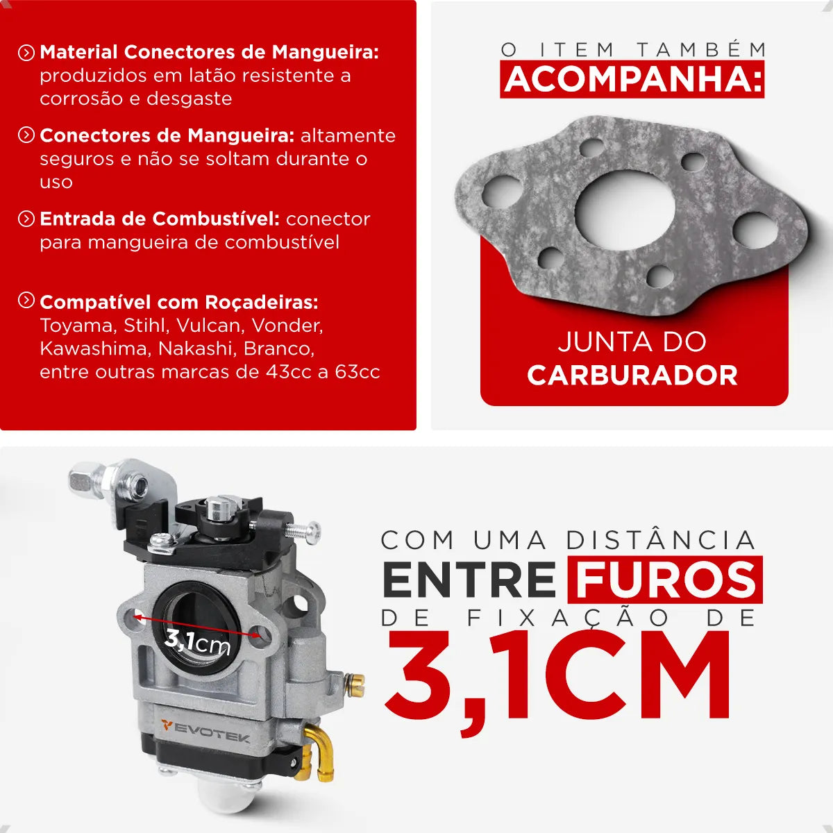 Carburador Universal para Roçadeira 43/52/63cc - Toyama, Terra, Vulcan, Branco