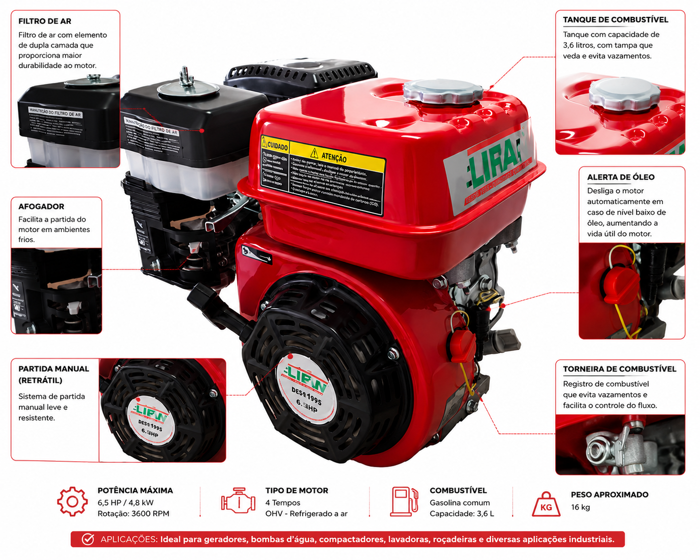 Motor Gasolina 6.5 HP Lira MG65 Partida Manual 196cc – Multiuso